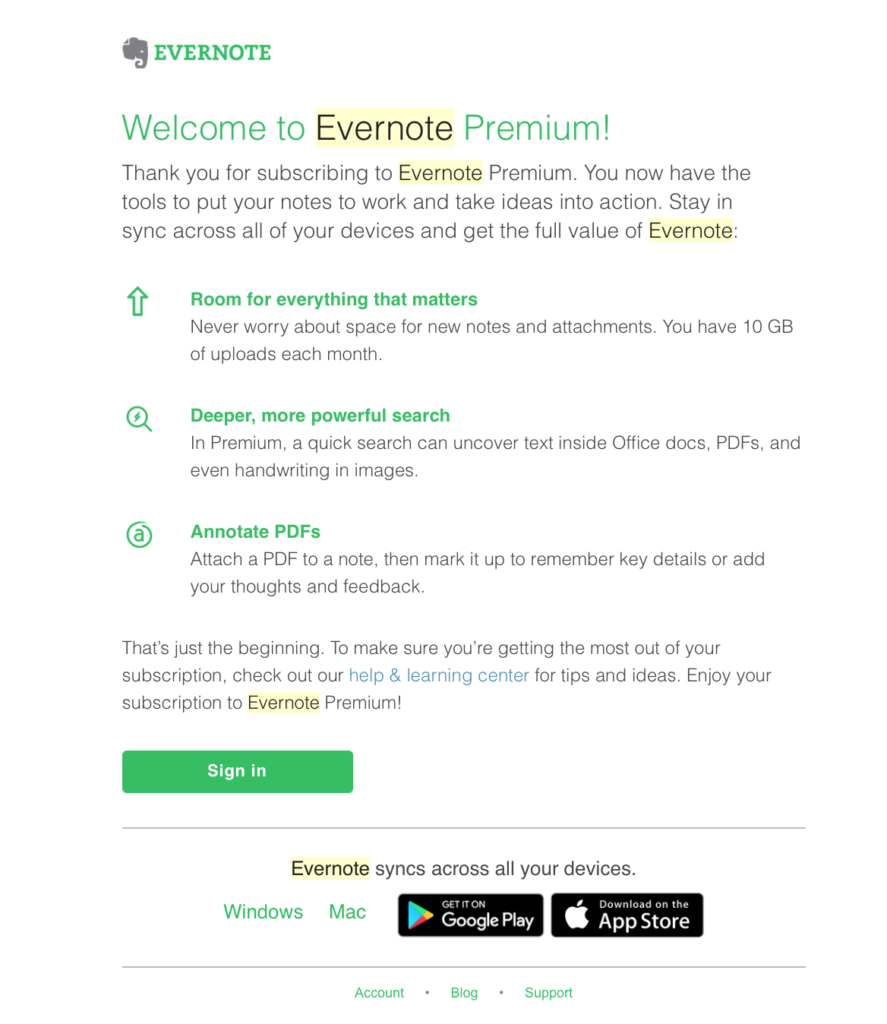 Evernote Transactional Emails