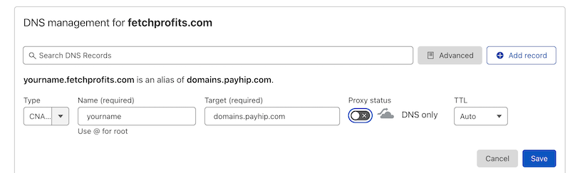 Add CNAME for Payhip Sub domains