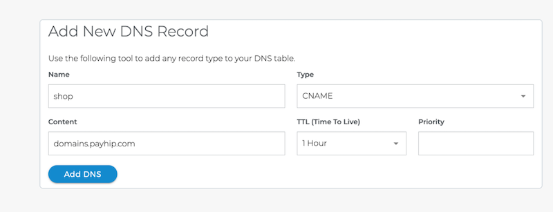 add DNS Record Payhip Subdomains