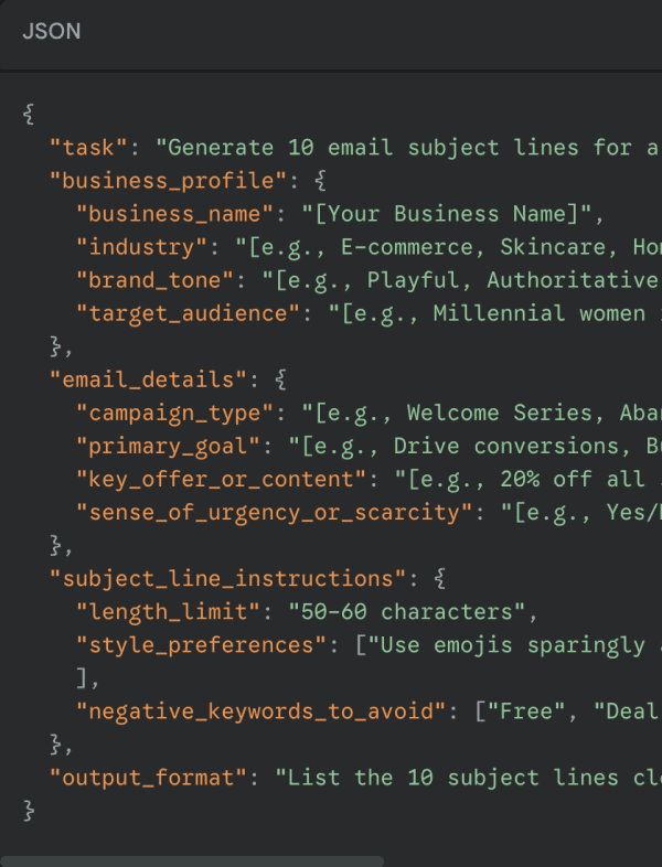 JSON Prompt Email Subject ines Generator
